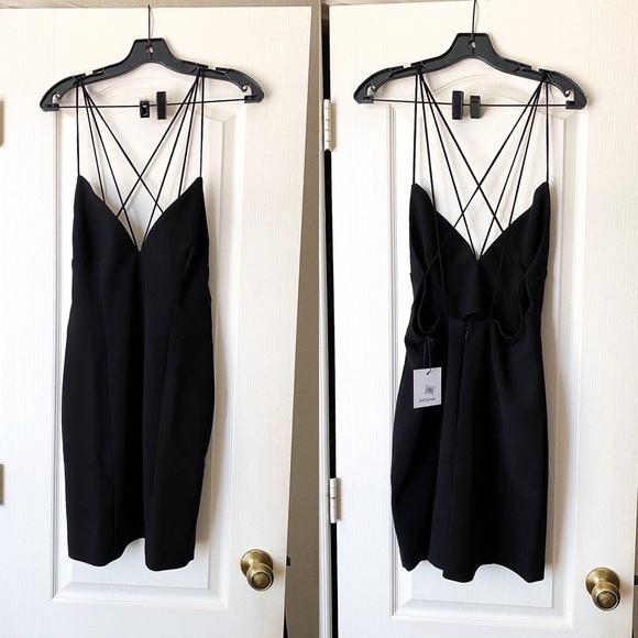 MISHA Dress Bernadina Crisscross Open Back Plunging Bodycon Black 10 NWT - Picture 2 of 7